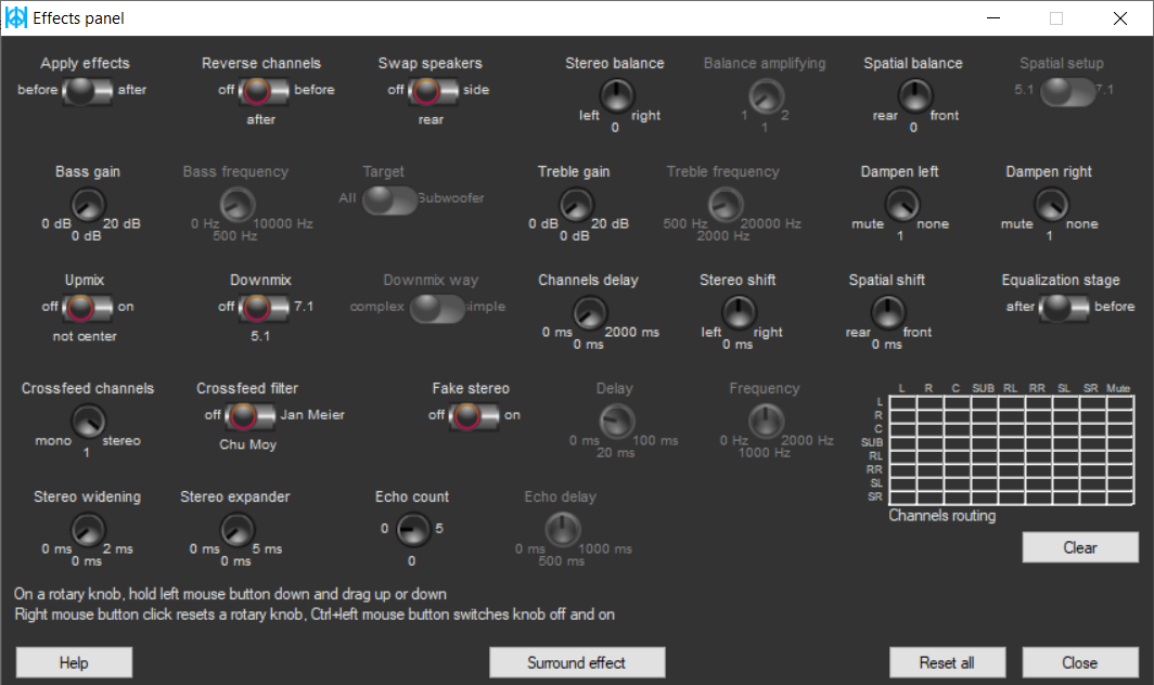Peace Equalizer effects panel with crossfeed delay and reverb controls