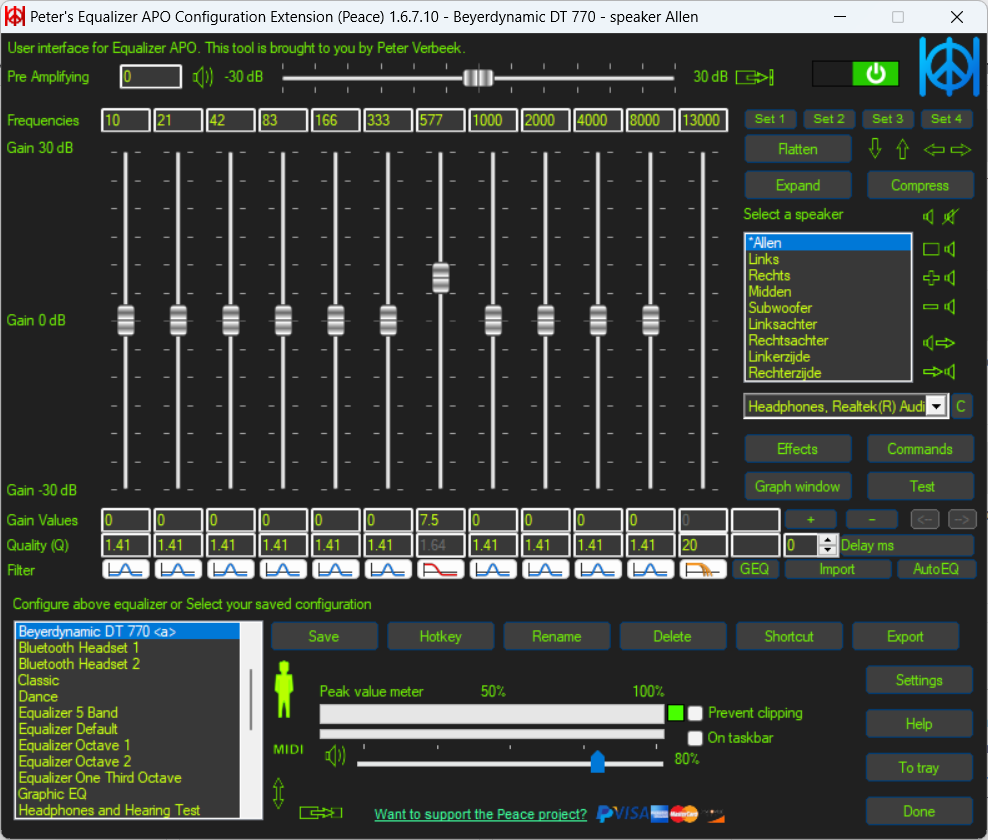 Peace Equalizer dark theme interface