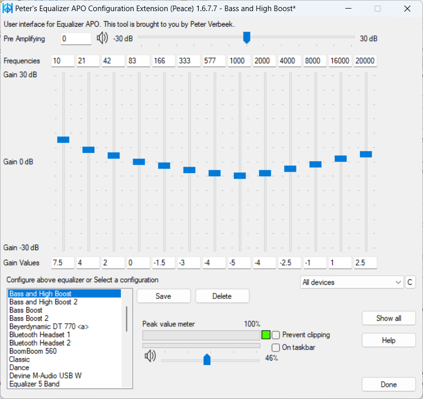 Peace Equalizer simple mode interface with basic sliders