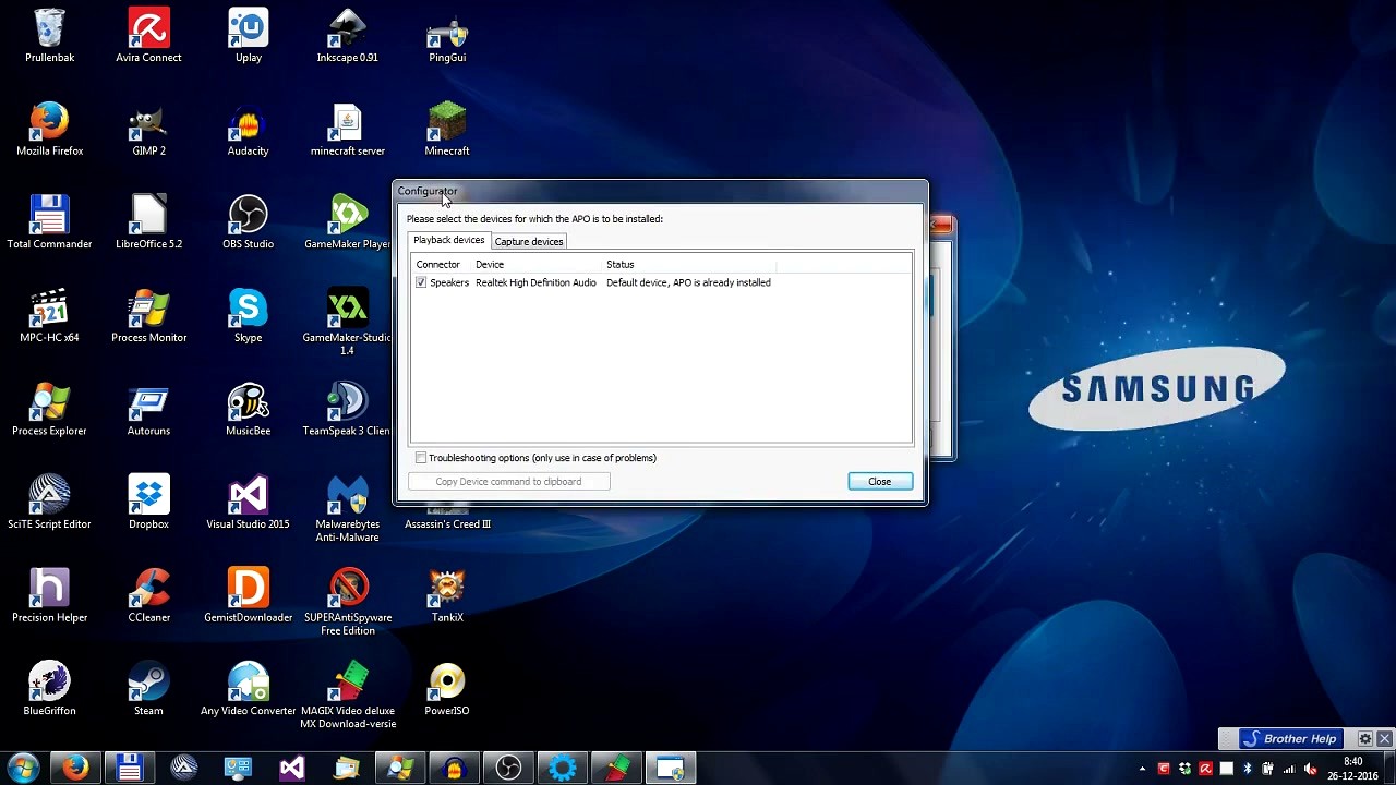 Peace Equalizer step 1 - Equalizer APO Configurator showing playback device selection