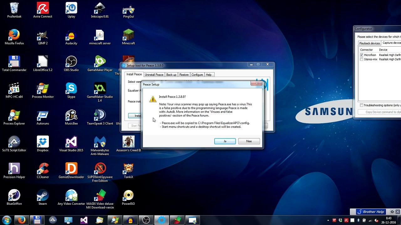 Peace Equalizer step 3 - Installation confirmation dialog with virus scanner warning