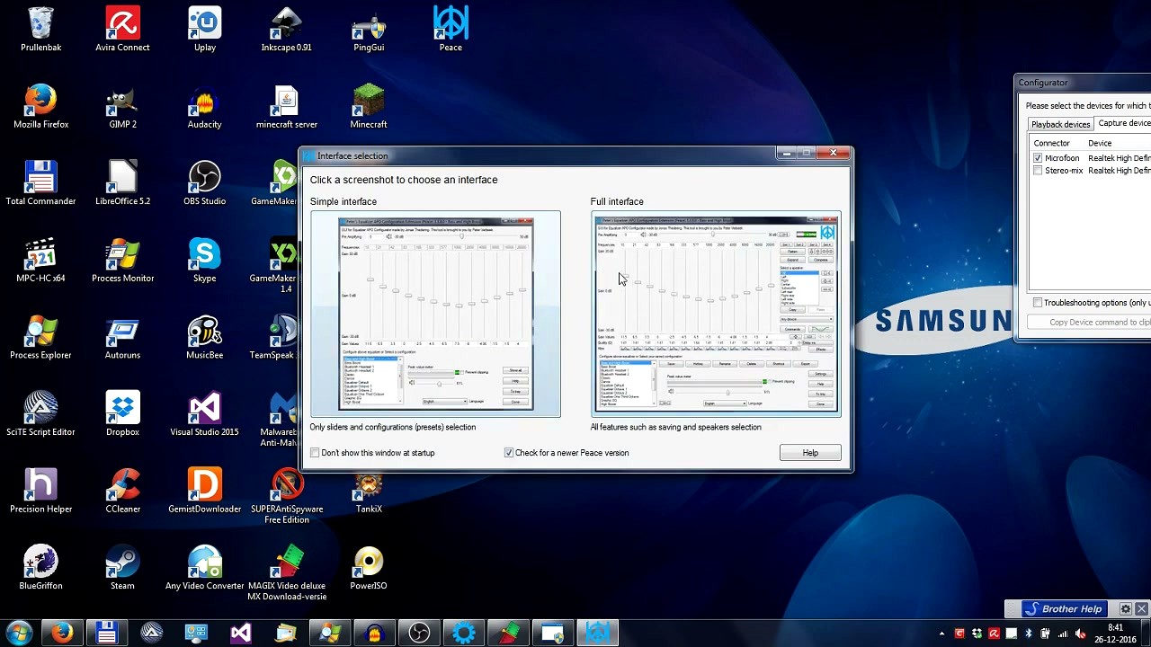 Peace Equalizer step 4 - Interface selection screen showing Simple vs Full interface