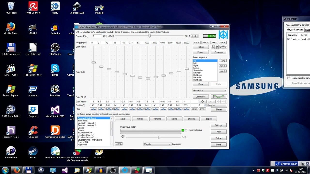Peace Equalizer step 6 - EQ interface showing presets list and speaker selection